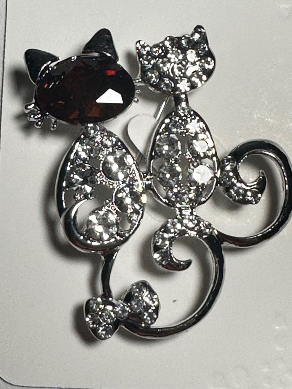 Double Cat Brooch Pin | Jeweled Cat Face Statement Jewelry